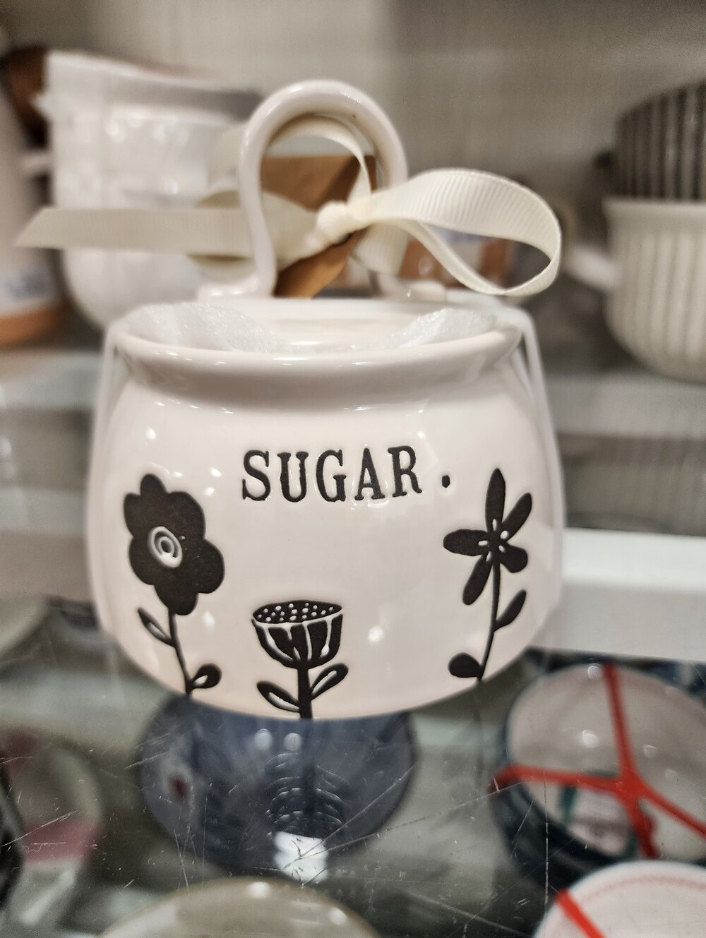 Rae Dunn White Ceramic Sugar Jar with Black Floral Design